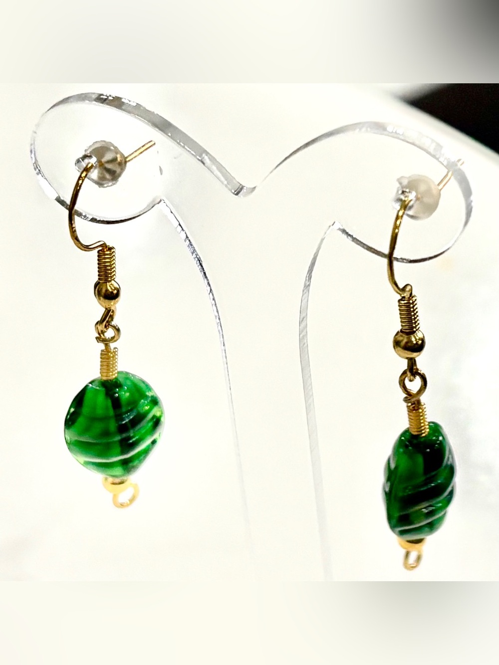 Elegant Handmade Gold-toned Green Glass Multi-toned Bead Drop Earrings